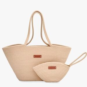 BOOQA Woven Rope Shoulder Tote & Small Handbag Set for Beach Pool Travel NWT